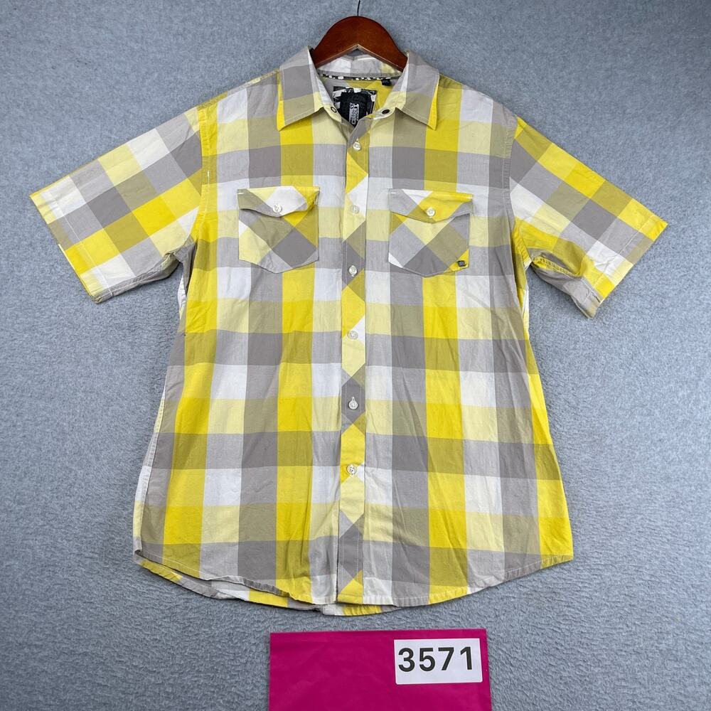 Ocean Current Yellow Gray Plaid Casual Button Up Short Sleeve Mens Medium